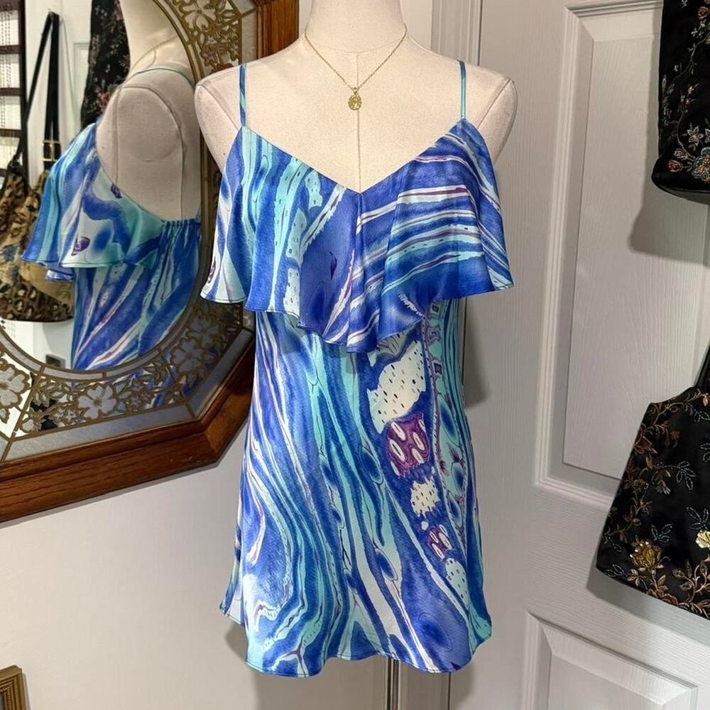 Zoa Blue & Multicolor Tie Dye Watercolor Pattern 100% Silk Ruffled Cami Top S